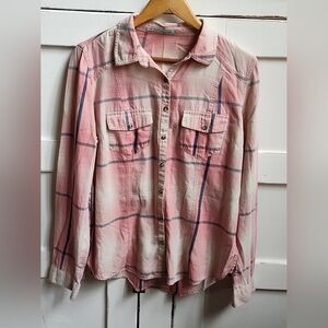 Maurices Women's Pink Plaid Button-Up Shirt | Long Sleeve | 100% Cotton | Large